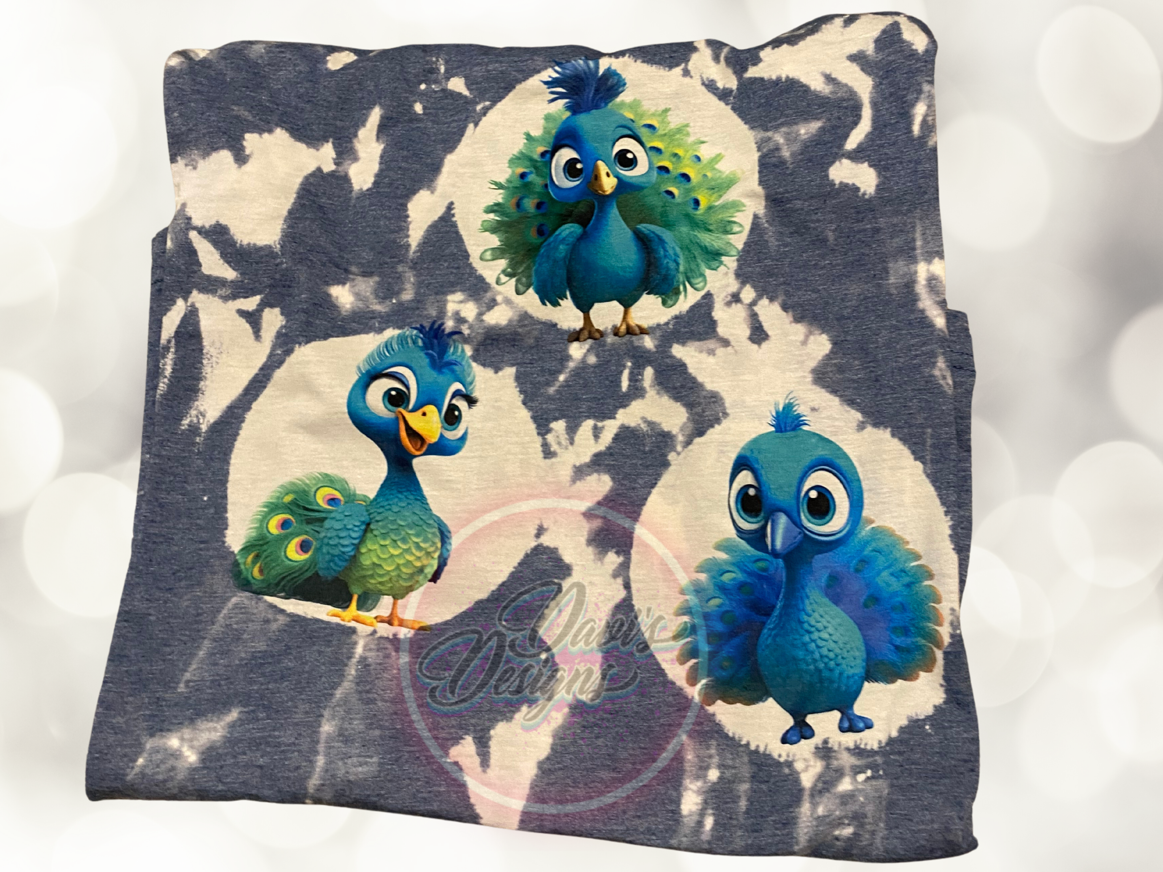 Heather Indigo bleach patterned tee with three baby peacocks