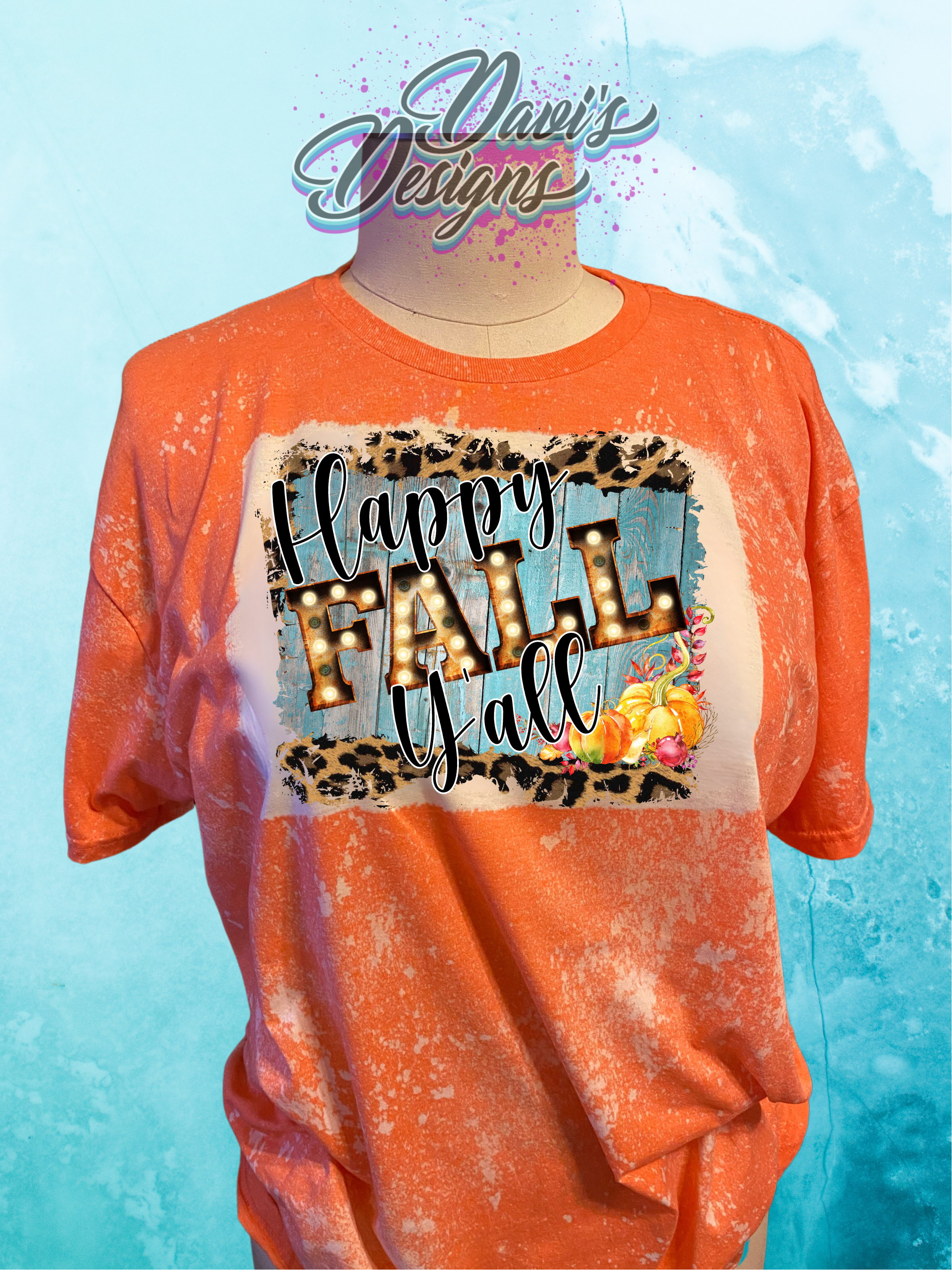 Heather Orange bleached tee with Happy Fall Y'all quote.