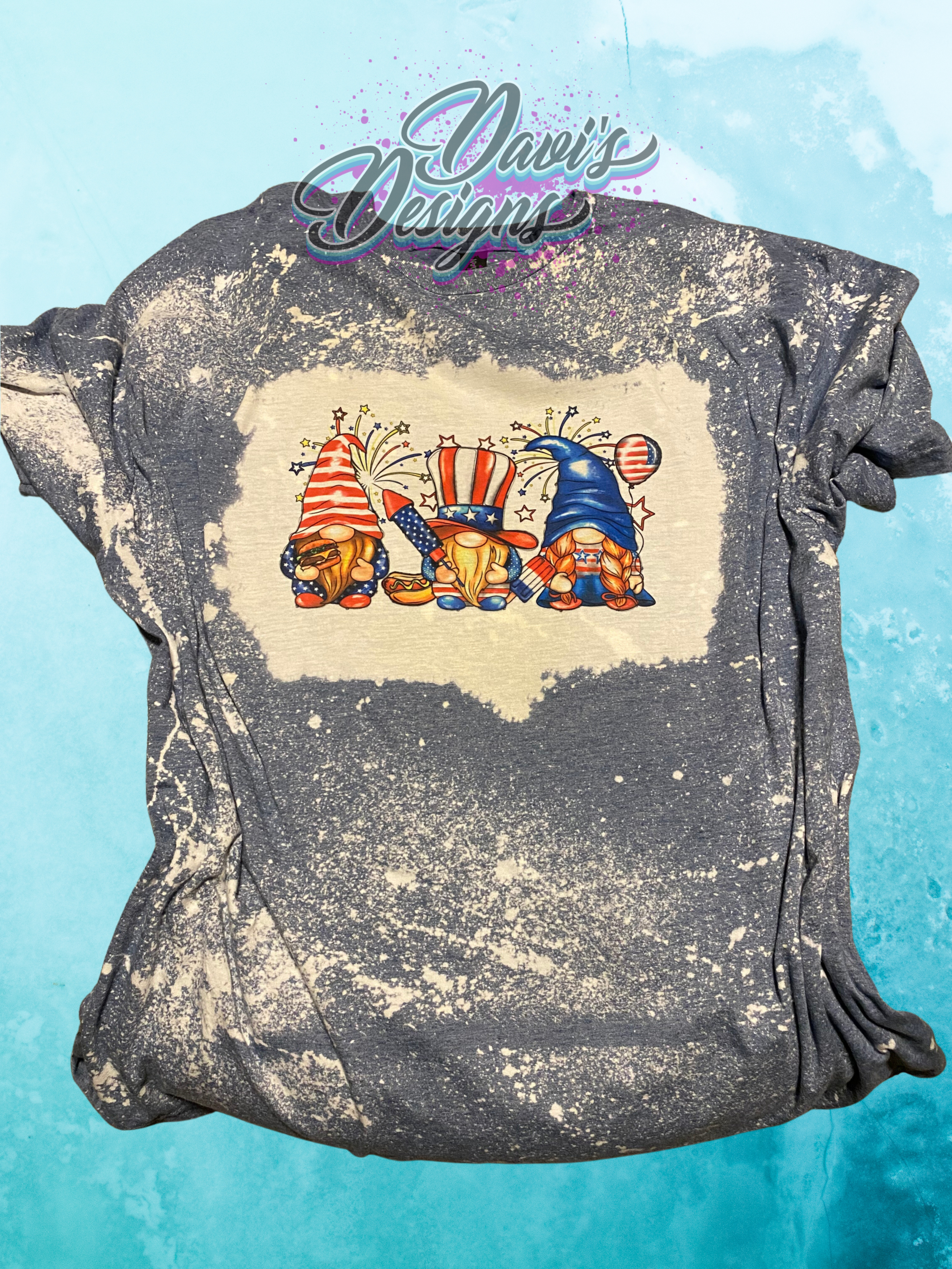 Heather Indigo bleach patterned tee with red, white and blue patriotic Gnomes.